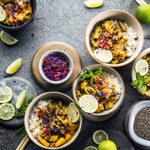 Top view composition of various Asian food in bowl