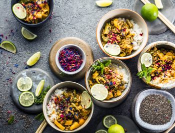 Top view composition of various Asian food in bowl